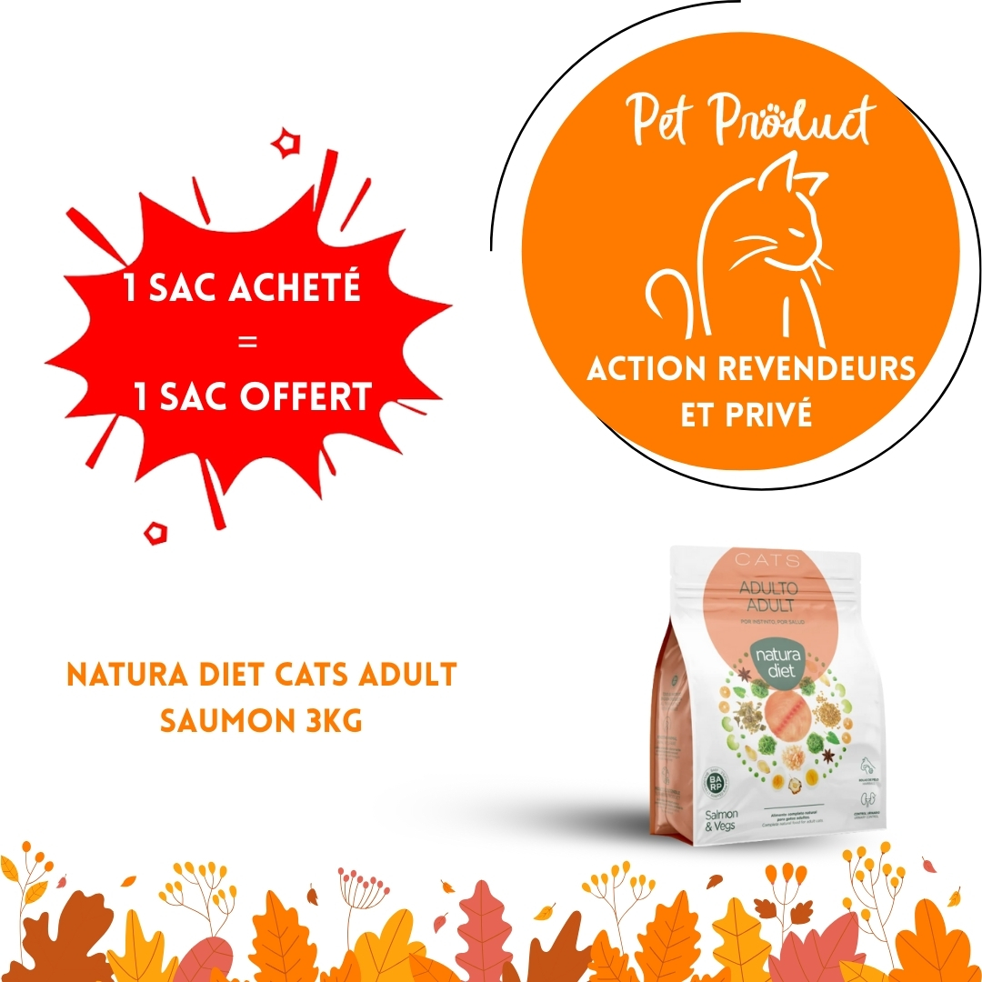 #12 ACTION DU MOIS 09/25 Natura Diet Cats Adult Salmon 3kg (1 sac acheté = 1 sac gratuit) SANS RABAIS CUMULABLE
