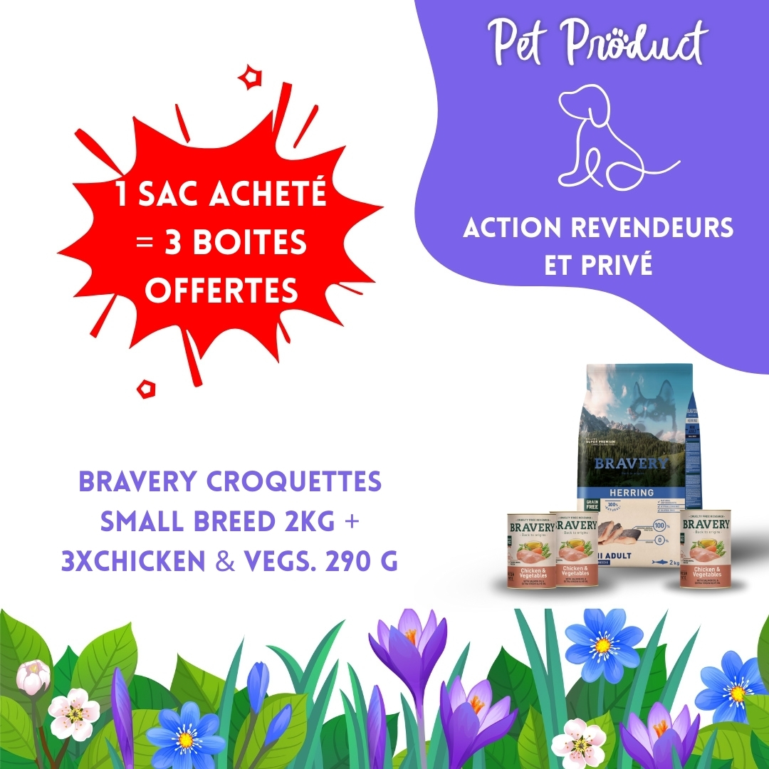 #4 ACTION DU MOIS TOUS CLIENTS 05/2025 Bravery Croquettes (Chien) Small Breed 2kg + 3xChicken & Vegs. 290 g Offerts AVEC  RABAIS CUMULABLE