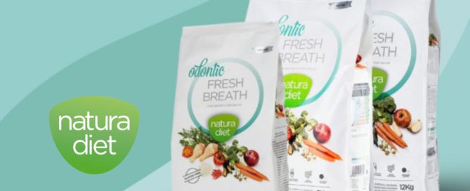 Sacs de nourriture pour chien Natura Diet Odontic Fresh Breath, gammes 500 g, 3 kg et 12 kg, avec ingrédients naturels (carottes, pommes, légumes) sur fond vert et logo Natura Diet
